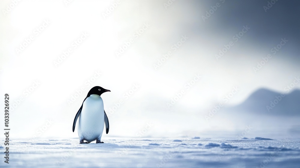 Fototapeta premium A lone penguin waddles across a snowy landscape