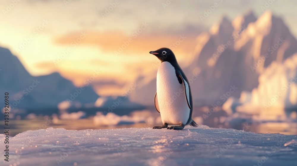 Fototapeta premium Penguin on an Iceberg at Sunset