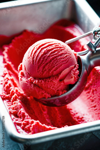 Strawberry ice cream scoop close-up with serving spoon