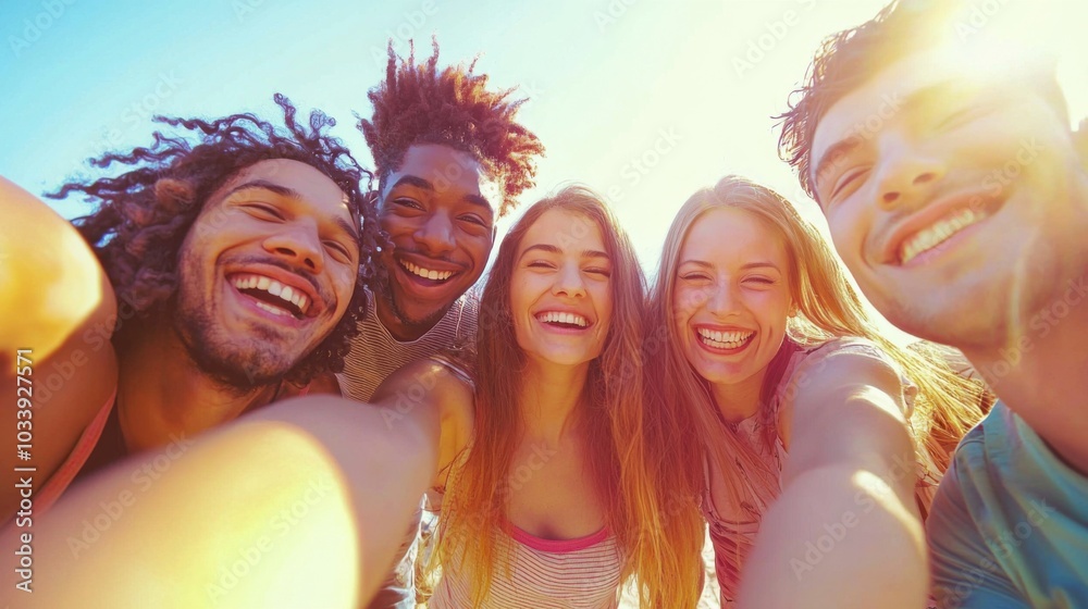 Fototapeta premium Multicultural cheerful friends taking selfie pic with smart mobile phone device - Youth community people laughing at camera together - Friendship concept with guys and girls having fun outdoors