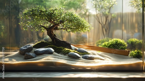 A detailed zen garden terrarium, with a bonsai tree, miniature rake, and stones placed thoughtfully in the sand, intricate raking patterns flowing around the stones, all inside a glass terrarium, photo