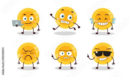 funny coin cartoon character with many pose activity vector illustration