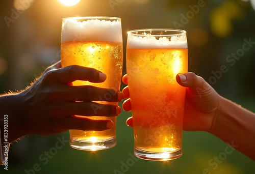 Cheers to friendship and celebration with two glasses of beer clinking together in warm glow of sunset. golden hues and frothy tops create joyful atmosphere photo