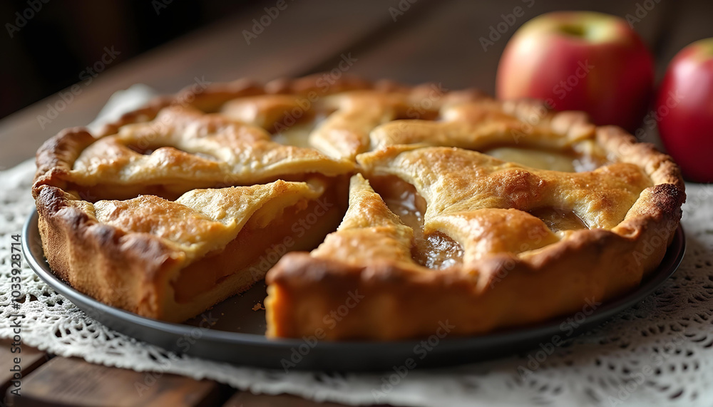 Delicious apple pie with golden crust, freshly baked and sliced, served on rustic wooden table. warm, inviting aroma of apples fills air, perfect for dessert lovers Delicious apple pie with golden crust, freshly baked and sliced, served on rustic wooden table. warm, inviting aroma of apples fills air, perfect for dessert lovers