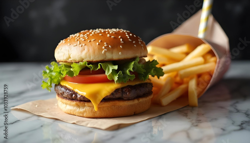 Delicious cheeseburger with fresh lettuce, tomato, and melted cheese served with crispy fries, perfect for satisfying meal