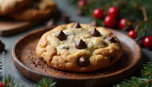 Delicious chocolate chip cookie on wooden plate, surrounded by festive decorations, evoking warm and cozy atmosphere perfect for holiday season