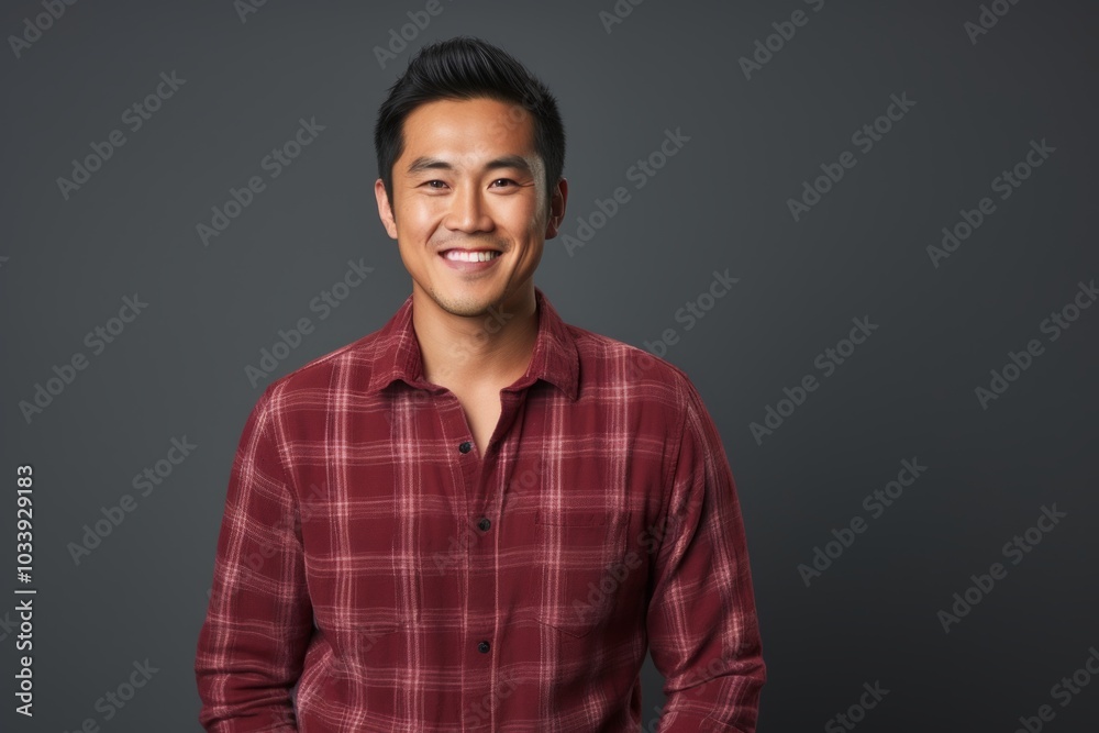 Portrait of a content asian man in his 30s wearing a comfy flannel shirt isolated in soft gray background Portrait of a content asian man in his 30s wearing a comfy flannel shirt isolated in soft gray background