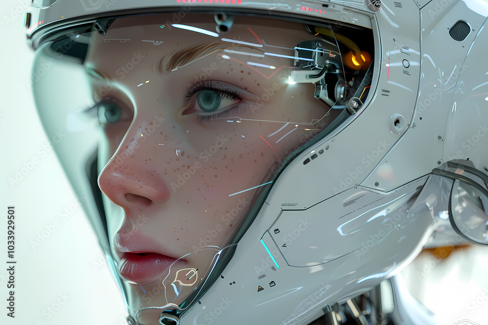 A futuristic female robot with freckles, embedded technology, and a sleek helmet, showcasing intricate design and vibrant colors. A futuristic female robot with freckles, embedded technology, and a sleek helmet, showcasing intricate design and vibrant colors.