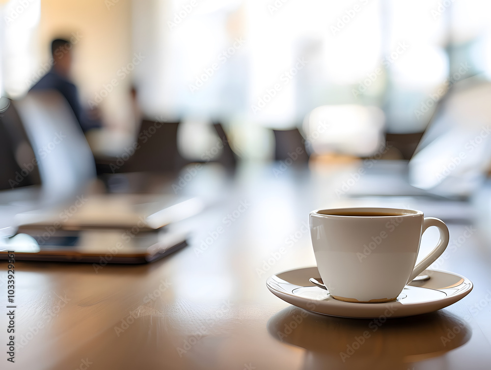 soft focus image of coffee cup on saucer, with blurred background featuring smartphone and modern office setting. warm tones create cozy atmosphere soft focus image of coffee cup on saucer, with blurred background featuring smartphone and modern office setting. warm tones create cozy atmosphere