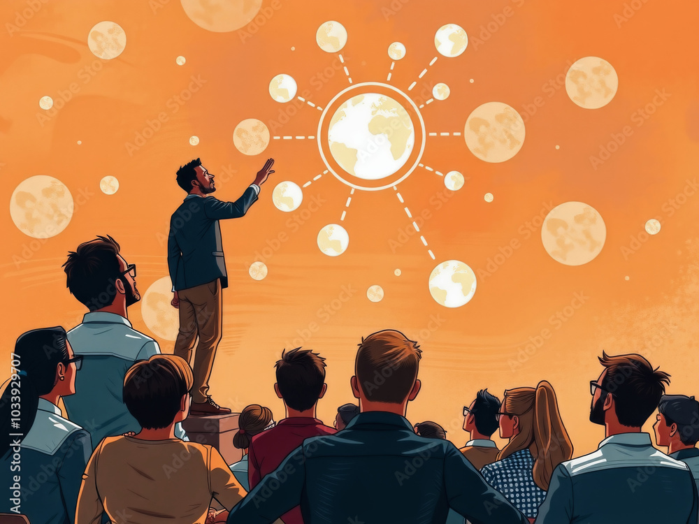 A man is pointing at a large globe in the center of the image. The people in the background are looking up at the globe, and there are many people in the foreground
