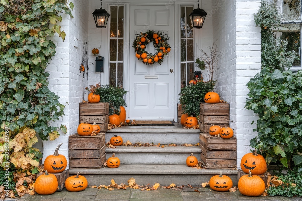 Obraz premium Charming front steps of a white open-plan house in London, adorned for Halloween with pumpkins, wooden crates, and festive lanterns.