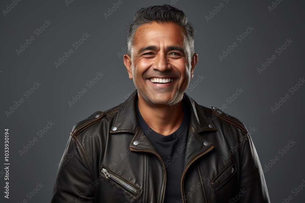 Portrait of a cheerful indian man in his 40s sporting a classic leather jacket over soft gray background Portrait of a cheerful indian man in his 40s sporting a classic leather jacket over soft gray background