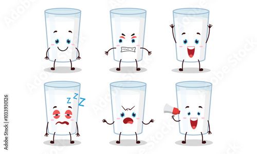 funny milk in glass cartoon with many expressions vector illustration