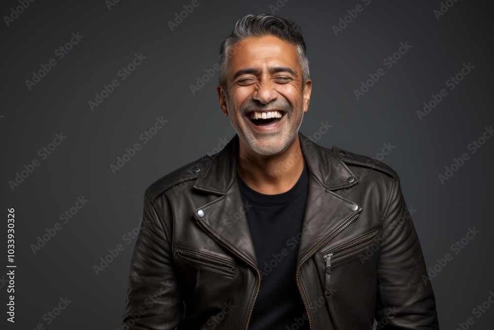 Portrait of a cheerful indian man in his 40s sporting a classic leather jacket while standing against soft gray background Portrait of a cheerful indian man in his 40s sporting a classic leather jacket while standing against soft gray background