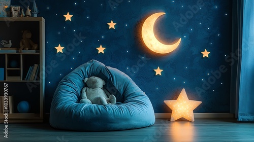 Cozy moon and starsthemed nursery with soft blue tones, glowing star decals, and a plush reading corner, calming and magical, side view photo