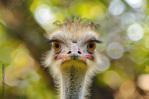 Cute funny ostrich portrait with open beak photo