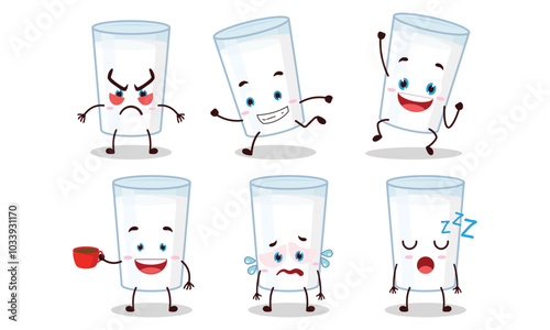 funny milk in glass cartoon character with various pose activity vector illustration