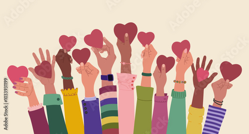 Group of multiracial hands raised up holding hearts. Volunteering, charity, donation concept. Hand drawn vector vector illustration isolated on light background. Modern flat cartoon style.