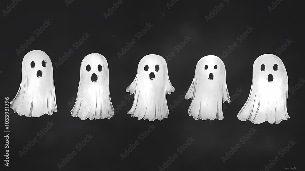 Playful cartoon ghosts with expressive faces in a whimsical design. Playful cartoon ghosts with expressive faces in a whimsical design.