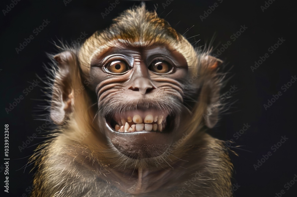 Funny Portrait of Smiling Barbary Macaque Monkey, showing teeth Isolated on Black Background