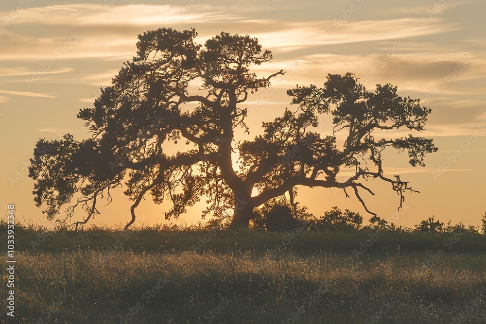Silhouette tree backlit by gold colored sunset over tranquil meadow Silhouette tree backlit by gold colored sunset over tranquil meadow