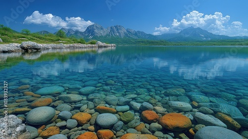 Serene lake with colorful stones and mountains in the background.