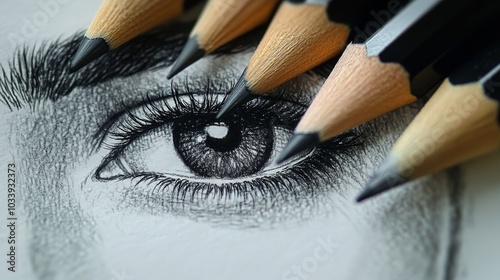 A close up of a pencil drawing of an eye with a black pencil in the center