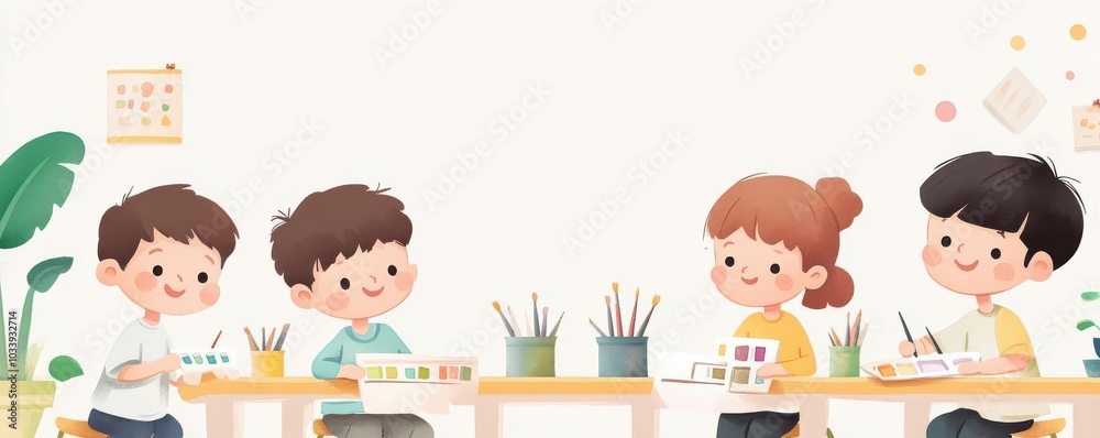 Children painting at a table, white isolate background Children painting at a table, white isolate background