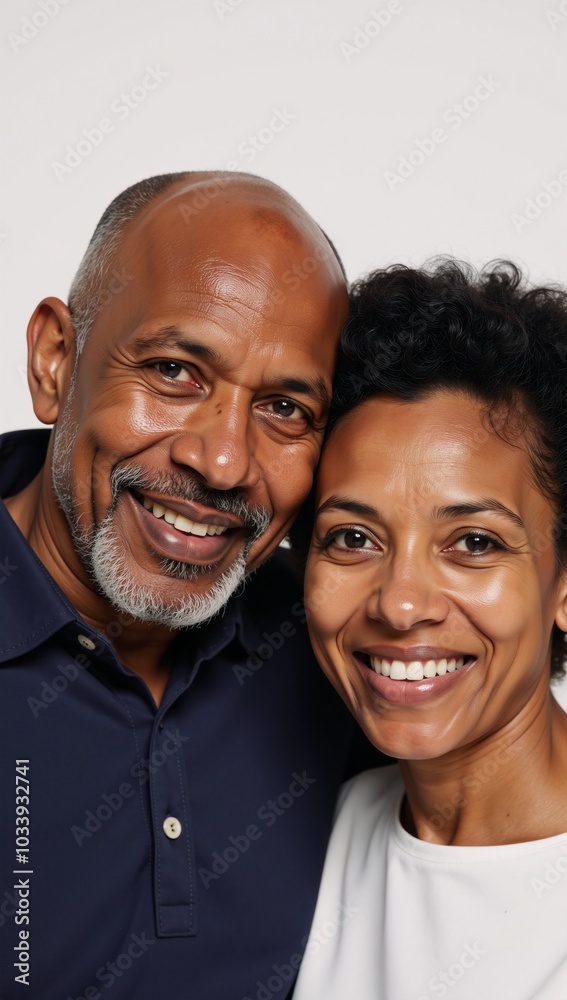 Close-up portrait of an elderly African American couple sharing a loving moment against a pure white backdrop Close-up portrait of an elderly African American couple sharing a loving moment against a pure white backdrop