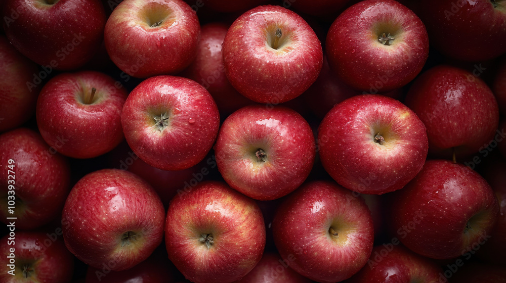 A close-up view of fresh, shiny red apples stacked together. A close-up view of fresh, shiny red apples stacked together.