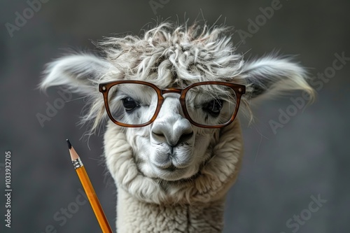 Genius alpaca with glasses and a pencil