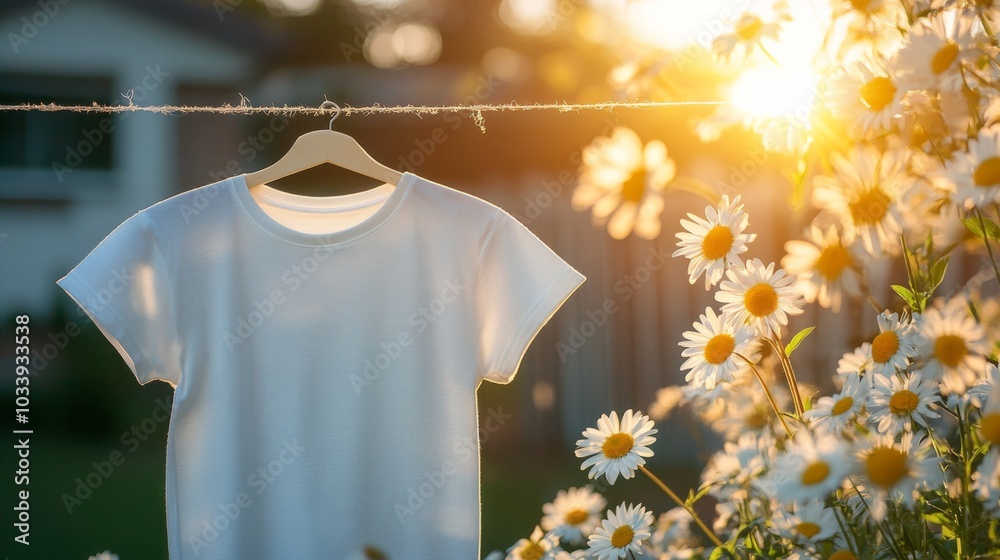 Sunlit T-Shirt Drying Near Daisies Sunlit T-Shirt Drying Near Daisies