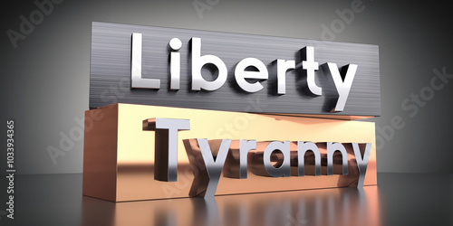 Fotografie Liberty, tyranny - words on metal blocks - 3D illustration
