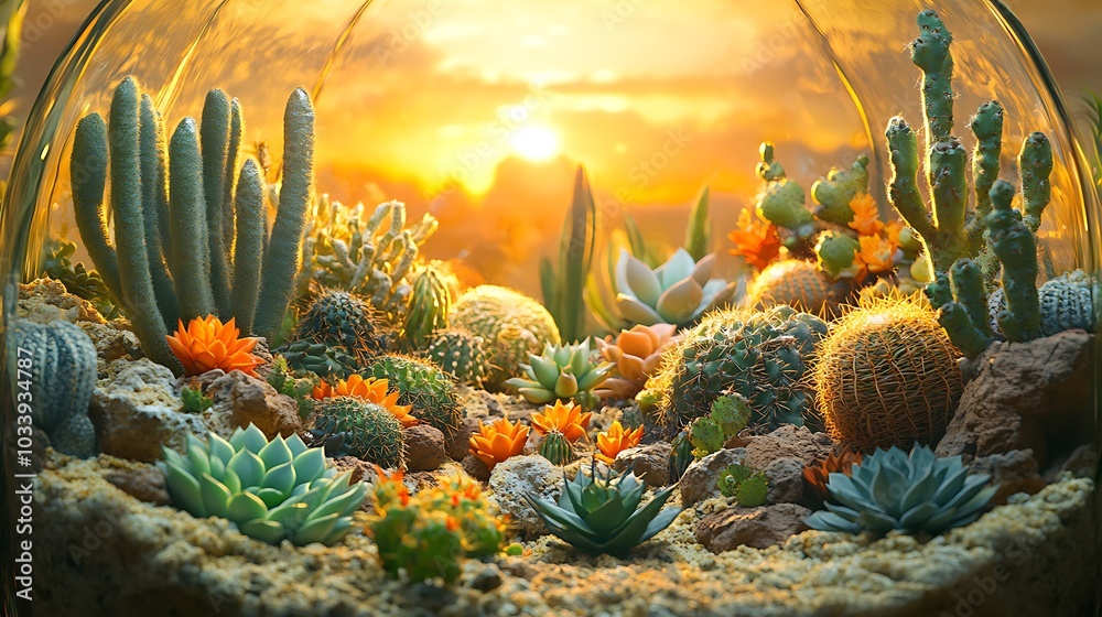 A glass terrarium featuring a detailed desert landscape, complete with succulents, cacti, and sandy terrain, soft sunlight shining through the glass, A glass terrarium featuring a detailed desert landscape, complete with succulents, cacti, and sandy terrain, soft sunlight shining through the glass,