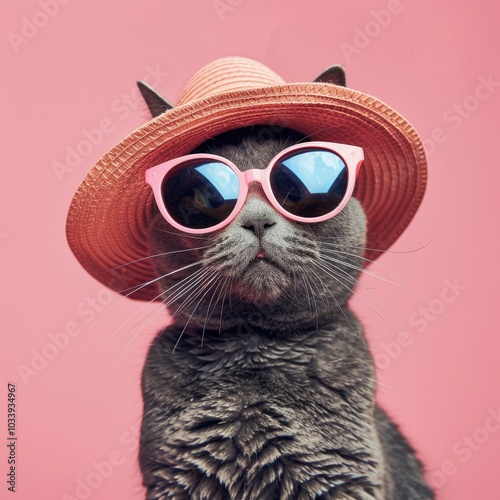 A fashionable cat with sunglasses and a hat, set against a pink background, showcasing a playful concept.
