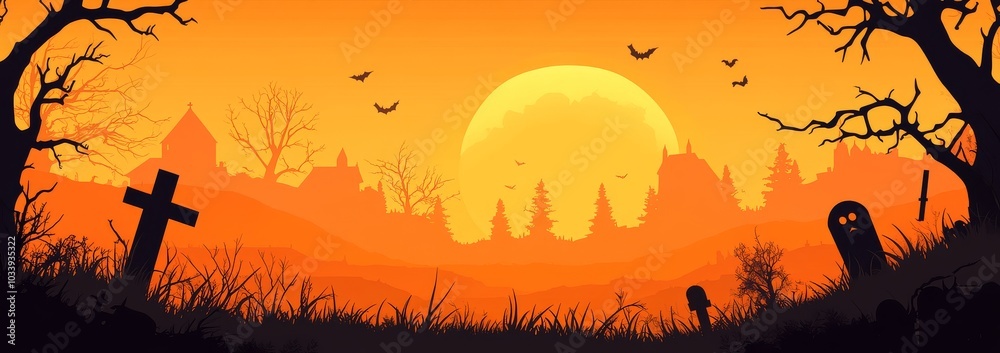 Chilling Halloween background featuring a silhouette of a spooky graveyard and a dead tree, designed in a vibrant orange color vector illustration with a flat style. Chilling Halloween background featuring a silhouette of a spooky graveyard and a dead tree, designed in a vibrant orange color vector illustration with a flat style.