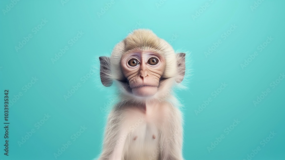 Baby Monkey with Wide Eyes on Blue Background. capturing its innocent expression and playful demeanor, perfect for wildlife, animal portraits, or playful themes. Baby Monkey with Wide Eyes on Blue Background. capturing its innocent expression and playful demeanor, perfect for wildlife, animal portraits, or playful themes.