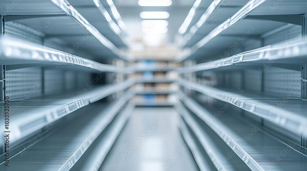 Empty shelves in a hardware store, Realism, soft lighting, neutral tones, symbolizing supply chain scarcity Empty shelves in a hardware store, Realism, soft lighting, neutral tones, symbolizing supply chain scarcity