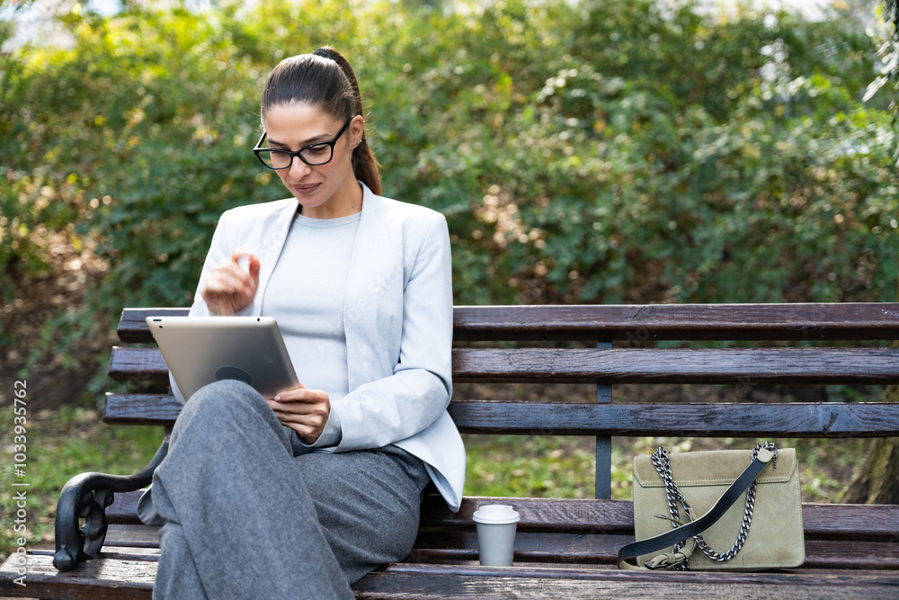 Tablet, business woman and research in city, typing or reading email notification to network. Digital, technology and professional agent in street on internet, communication or scroll on app outdoor Tablet, business woman and research in city, typing or reading email notification to network. Digital, technology and professional agent in street on internet, communication or scroll on app outdoor