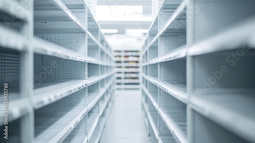 Empty shelves in a hardware store, Realism, soft lighting, neutral tones, symbolizing supply chain scarcity