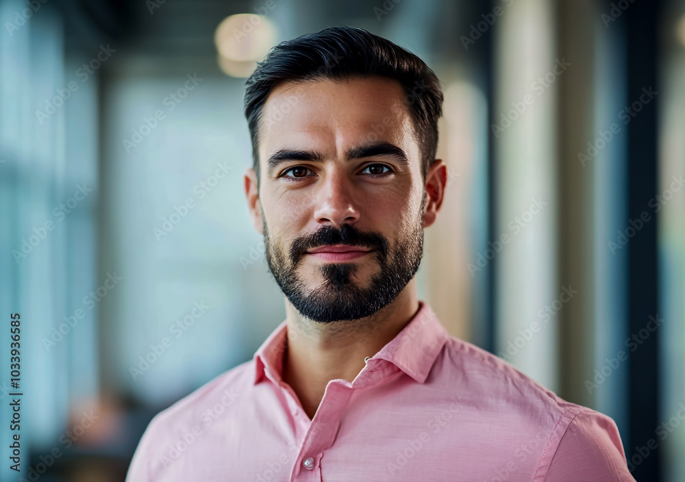 A man smiling while standing inside a modern office space. A man smiling while standing inside a modern office space.
