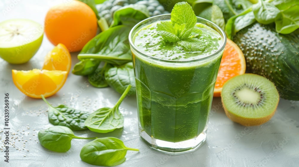 glass of green smoothie on a light table, Generative AI,