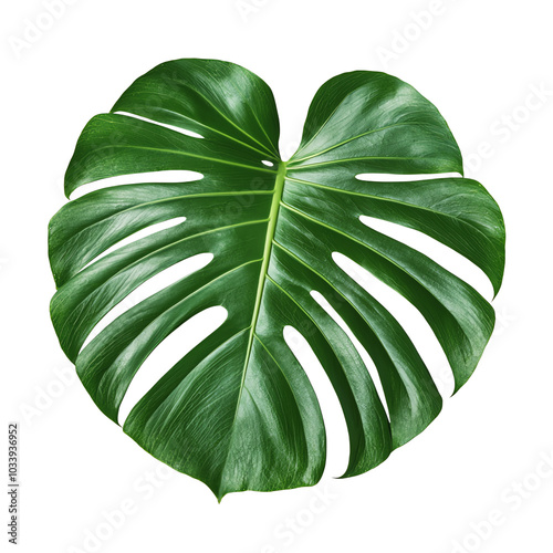 Vibrant green monstera leaf, showcasing its unique split shape and lush texture, perfect for nature-themed designs. photo