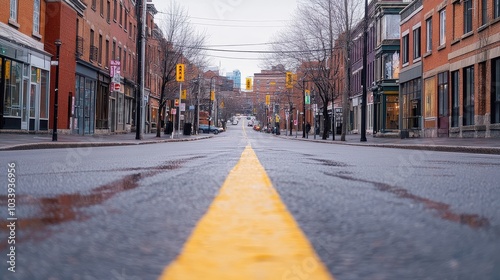 Urban street perspective: a quiet city road lined with historic architecture on a cloudy day