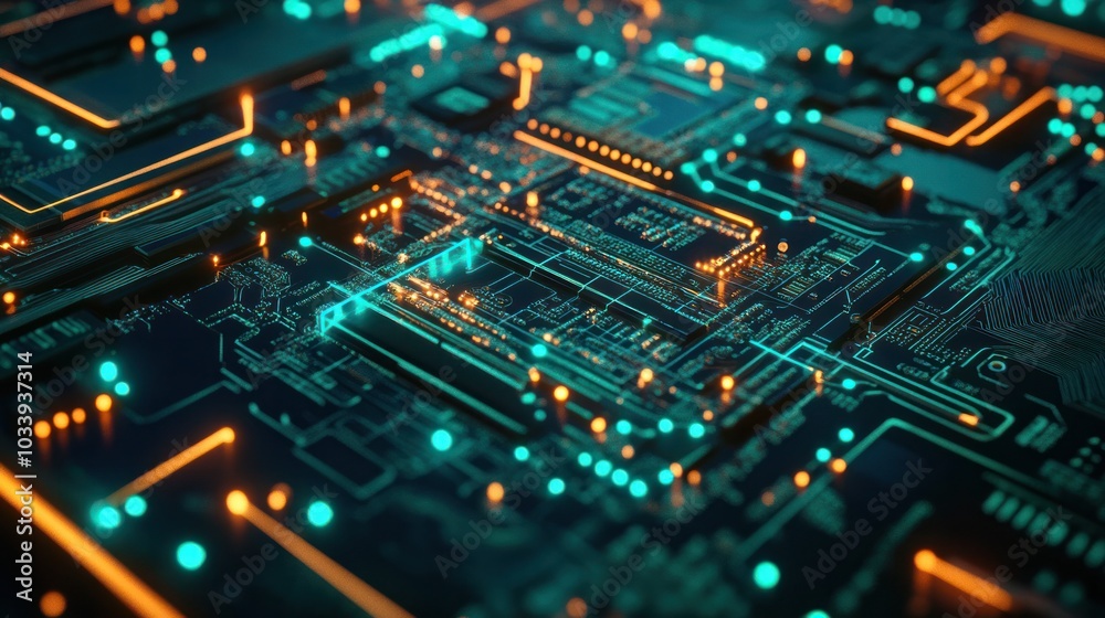 detailed shot of a circuit board with techno dots representing electronic connections. detailed shot of a circuit board with techno dots representing electronic connections.