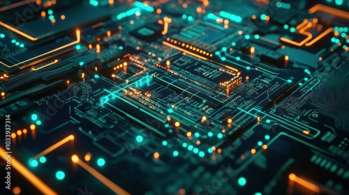 detailed shot of a circuit board with techno dots representing electronic connections.