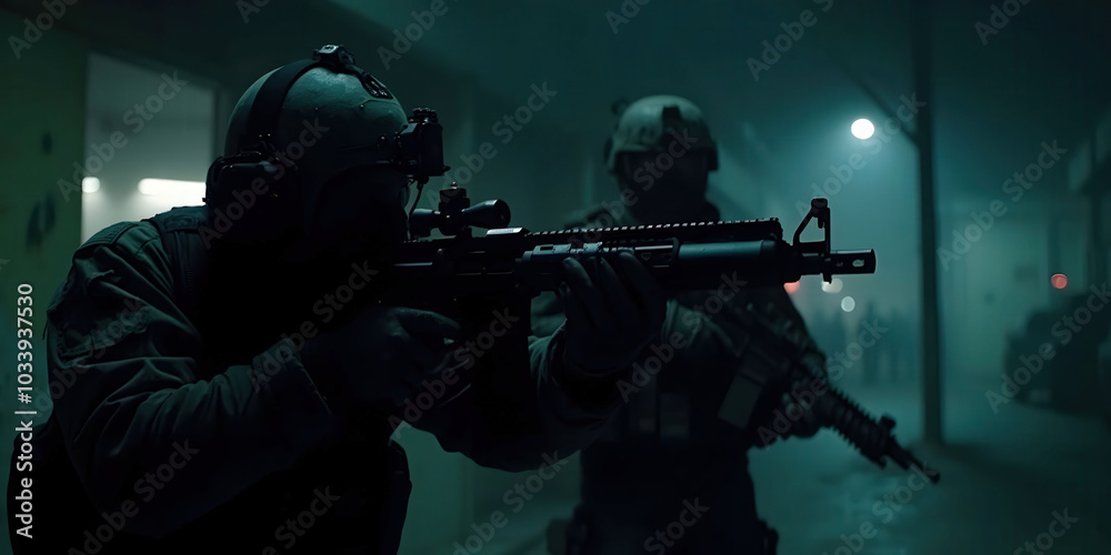 A covert military team conducting a Black Ops night raid, showcasing tactical gear and stealth operations under the cover of darkness. A covert military team conducting a Black Ops night raid, showcasing tactical gear and stealth operations under the cover of darkness.