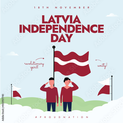 Latvia Independence day. 18th November Latvia Freedom day celebration banner with its flags, men saluting. The day recalls  Proclamation of Independence of Latvia by the People's Council in 1918.