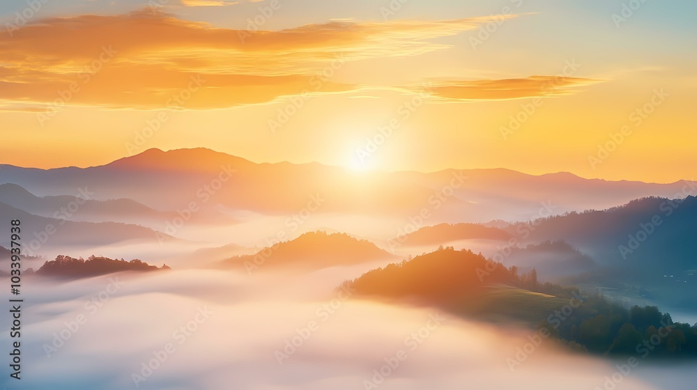 The image shows sun rays shining through clouds above a fog-covered mountain range.