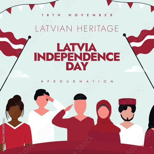 Latvia Independence day. 18th November Latvia Freedom day celebration banner with its flags, People wearing flag colours clothes. The day recalls Proclamation of Independence of Latvia in 1918.
